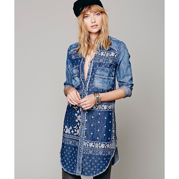 Free People Tops - Free People Westward Won Denim Print Tunic